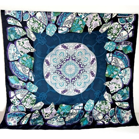 Vintage Chinese Pottery Print Blue Purple Hand Rolled Silk Scarf - Picture 1 of 5